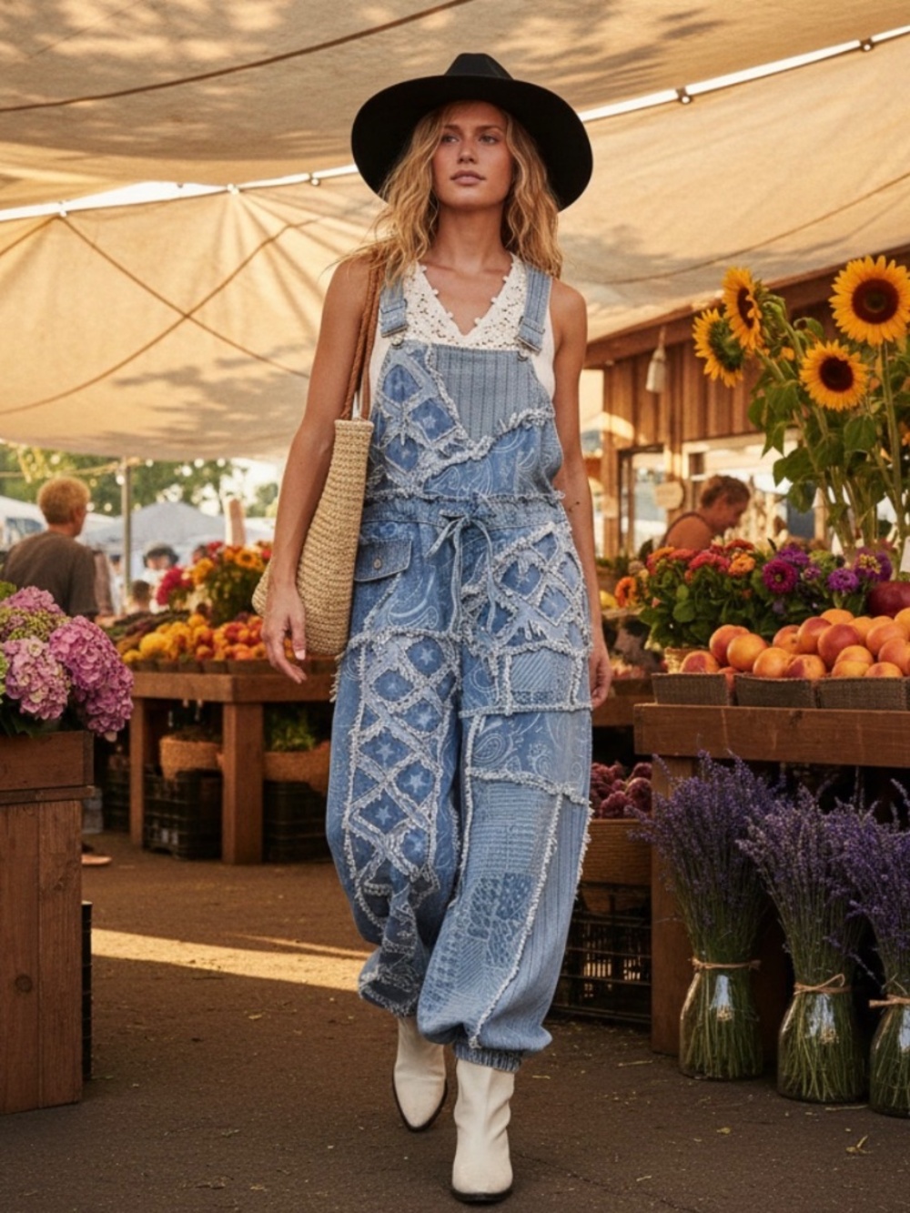 POl Light wash Paisley Print Star Patch Frayed Jogger Denim Leg overalls
